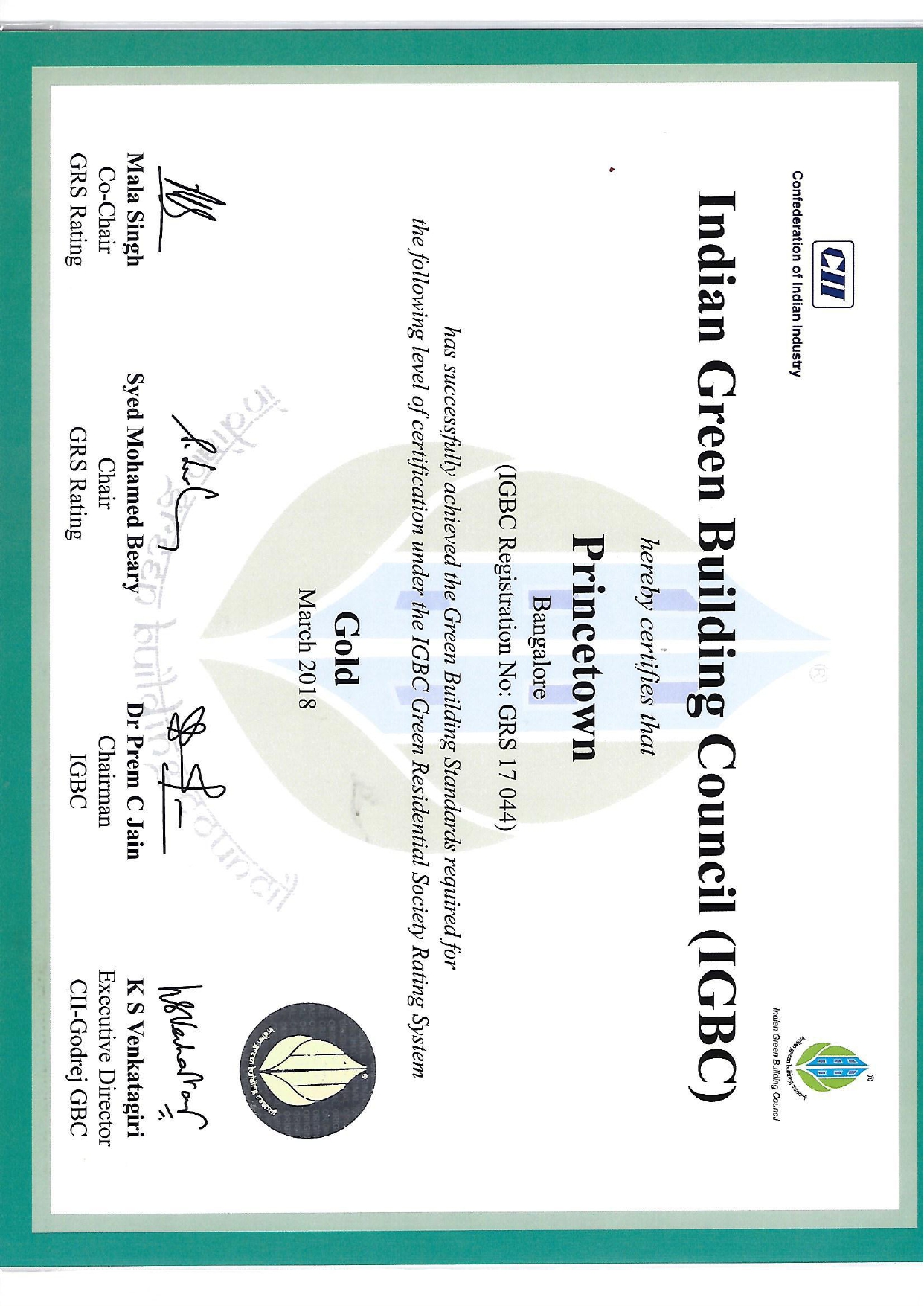 IGBC Gold Certificate - Kumar Princetown