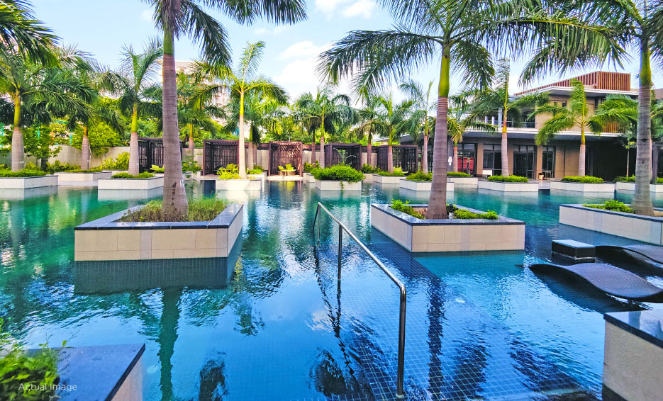 Swimming pool with palm islands, loungers and planting at Kumar Prospera.