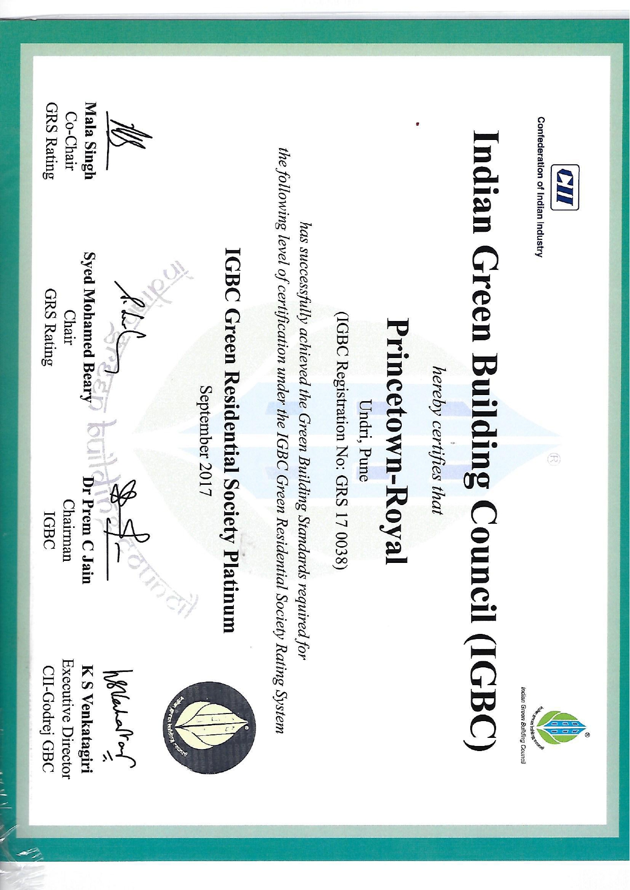 IGBC Platinum Certificate - Princetown Royal