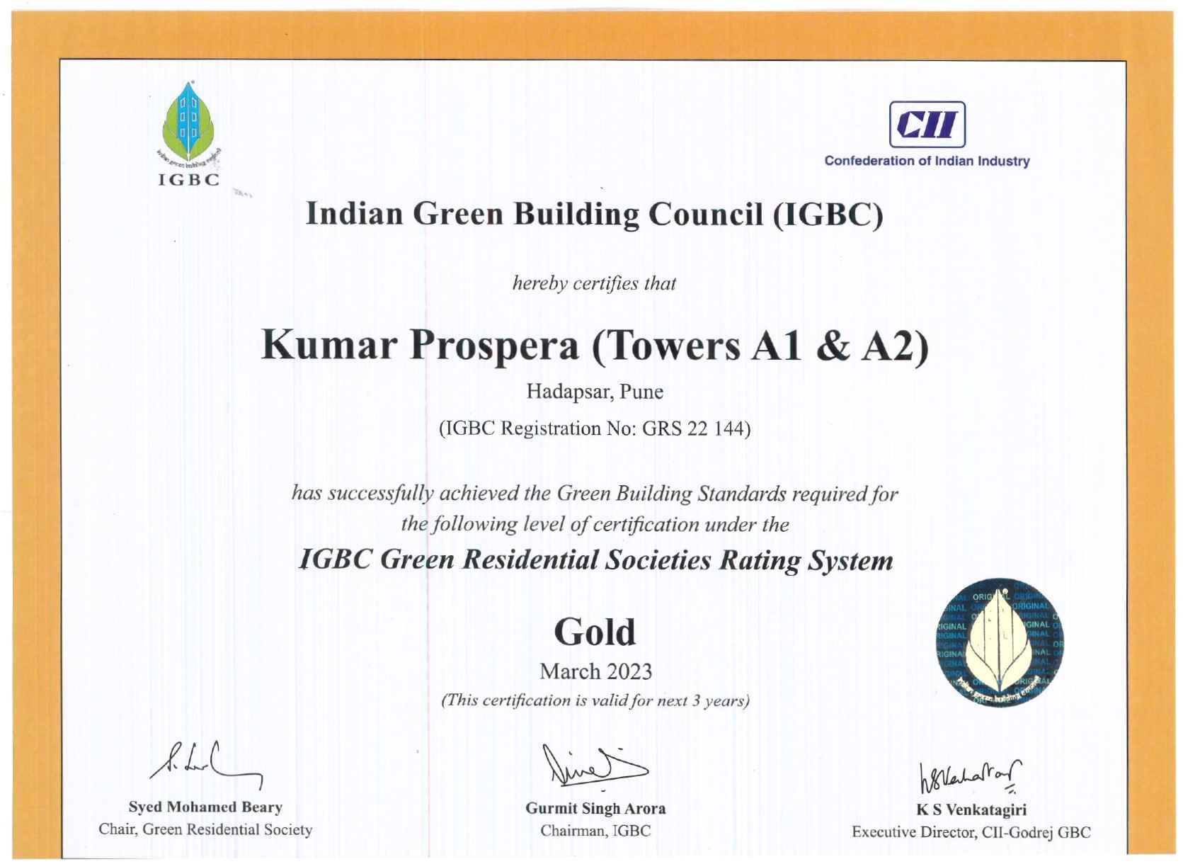 IGBC Gold Certificate - Kumar Prospera
